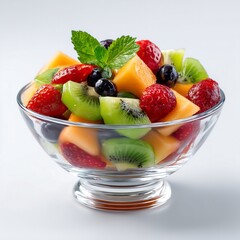 Vibrant summer fruit salad in a clear glass bowl with juicy berries, melon, and kiwi glistening in syrup, photographed in bright natural light on a clean white background with a fresh, healthy, 