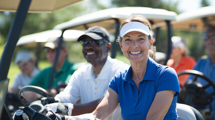 Smiling senior golfers driving golf carts on sunny day