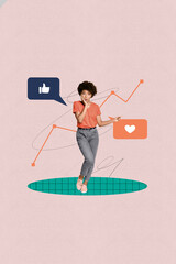 Trend image vertical photo collage of happy girl walk heart icon bubble notification like feedback...