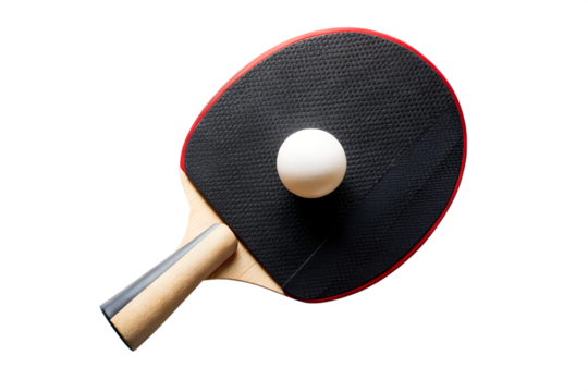 A closeup studio shot of a table tennis paddle with a white ball resting on its textured surface isolated on transparent background