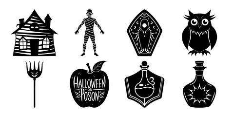 Set of halloween silhouettes black icon Vector illustration. Isolated on white background.