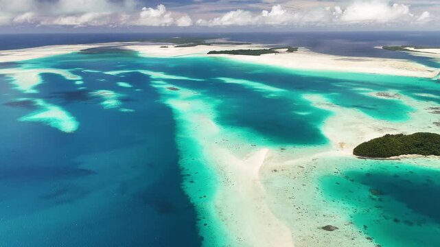 Scenic cinematic aerial drone shot revealing the vivid aqua ocean and sandy terrain of the islands of Palau. Wide revealing drone shot.