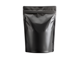 A black glossy standup pouch with a zip lock closure is presented against a clean transparent background ready for product branding
