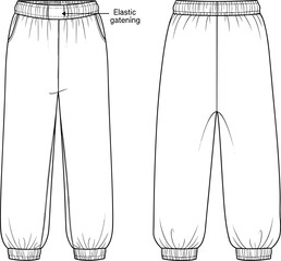 Sweatpants flat sketch front and back view, elastic waistband, cuffed hem, comfortable fit, fashion cad, vector outline drawing