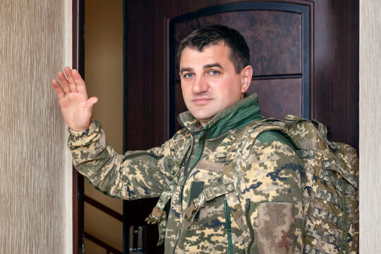 Soldier enlists in Military Service by Free Will. Happy Serviceman Join Army of Ukraine. Ukrainian Soldier Leaving Home and saying Goodbay. 