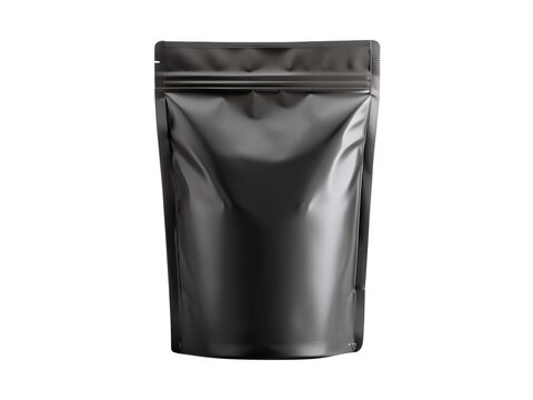 A black glossy standup pouch with a zip lock closure is presented against a clean transparent background ready for product branding