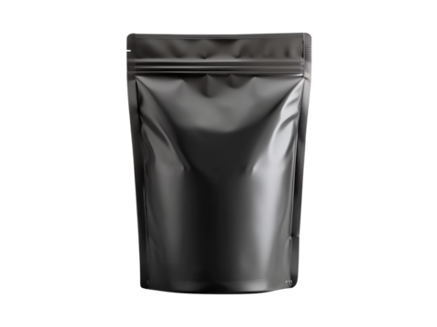 A black glossy standup pouch with a zip lock closure is presented against a clean transparent background ready for product branding