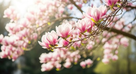 Obraz premium Beautiful pink magnolia blossoms bathed in soft sunlight