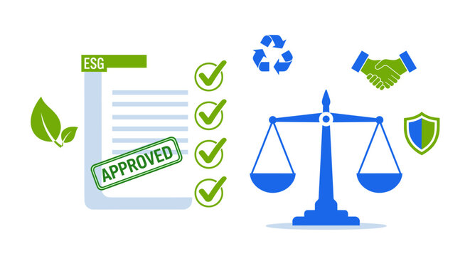 A vibrant illustration featuring key icons representing Environmental, Social, and Governance (ESG) principles, highlighting corporate sustainability and ethical responsibility.