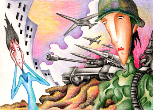 戦争テーマ連作・色鉛筆画 - 軍隊・兵器・兵士・進軍
