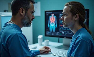 Obraz premium Two medical professionals in scrubs review a digital scan of a human torso on a computer monitor. They appear serious and focused on the diagnostic image.