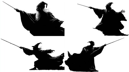 Four dynamic silhouettes of a wizard, each in a distinct pose, wielding a staff; flowing robes and pointed hat detail