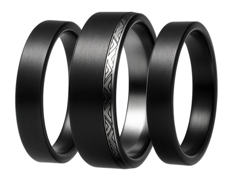 Three-piece matte black ring set with varied band widths