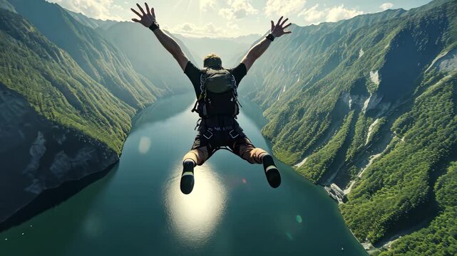 Skydiver Over Deep Valley and Lake in Morning Light