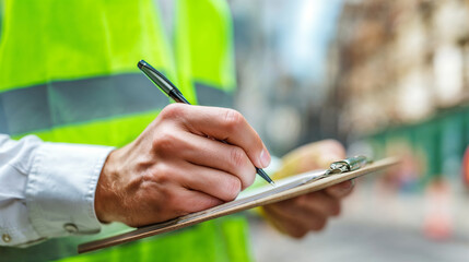 Construction engineer writing notes on clipboard during building inspection