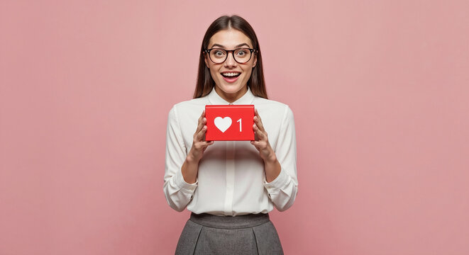 Excited businesswoman showing social media heart like notification icon