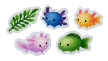 Whimsical cartoon axolotls and plant stickers, vibrant color palette, playful design elements on transparent background