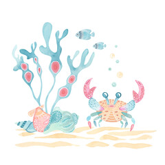 Underwater crab scene with shells and seaweed. Watercolor illustration on a white background. Perfect for ocean-themed cards, kids decor, and fun stationery designs