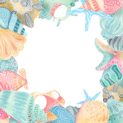 Watercolor seashell frame. Hand-painted illustration in soft pastel colors. Ideal for beach-themed invitations, greeting cards, stationery covers, and elegant coastal design projects