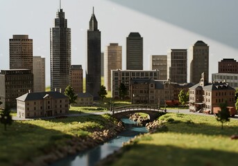 Obraz premium Miniature architectural model of a modern city skyline with towering skyscrapers and a serene park featuring a river and bridge, showcasing urban development concepts.