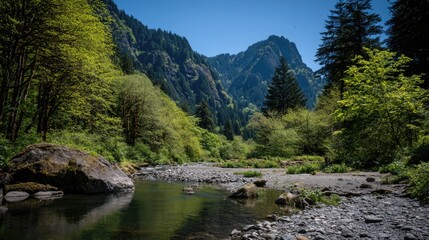 A tranquil river winding through lush greenery, framed by towering mountains.