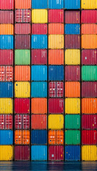 Fototapeta premium Symmetrical wall of colorful shipping containers in vivid industrial tones 