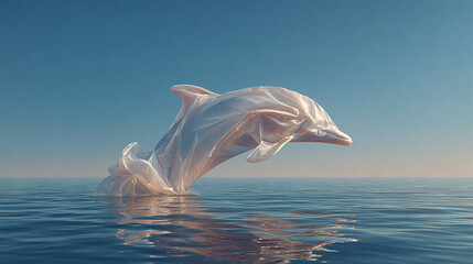 A plastic bag shaped with a dolphin, floating in the ocean.