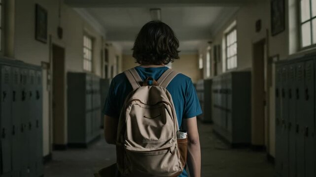 Rear view of a young male student with a backpack standing alone in a dark, empty school hallway.