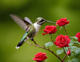 Fototapeta premium A beautiful hummingbird is sitting on a branch of the red roses in the green garden. hummingbird on flower.