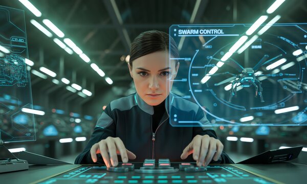 Woman controlling swarm of drones with advanced technology interface