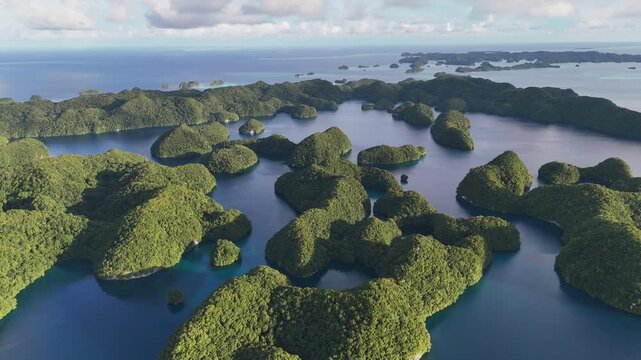 High-quality drone shot revealing and showcasing the pristine turquoise sea and lush islets of Palau. Wide revealing drone shot.