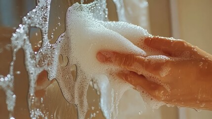 Hand cleans a mirror with soapy cloth