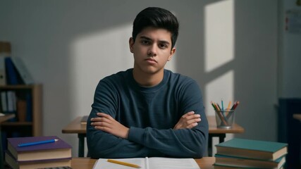 Portrait of a serious teenage boy student sitting at his desk in a classroom. Unhappy young man with arms crossed feeling stressed about school.