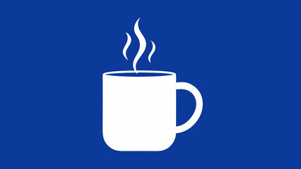 Simple white coffee mug silhouette with steam on a dark blue background