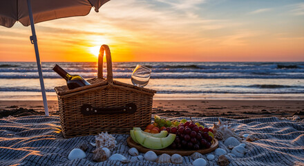 Romantic picnic basket with wine, fruit, and seashells enjoying golden sunset on sandy beach