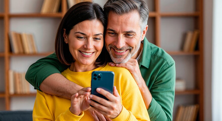 Happy couple embracing and using smartphone at home