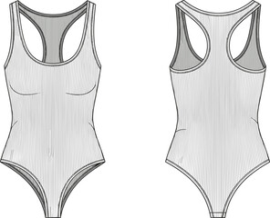 Women's bodysuit front and back view, ribbed texture, fashion cad sketch, technical drawing, apparel template, flat vector illustration