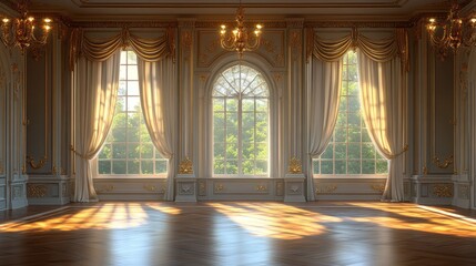 Grand hall with opulent gold detailing, bathed in sunlight