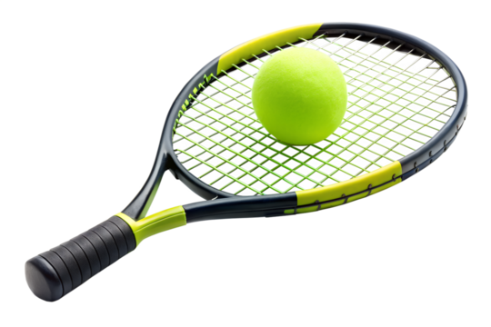 A closeup studio shot of a tennis racket with a bright green ball resting on its strings isolated on transparent background