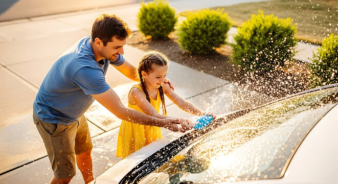 A father and daughter washing a white car together in the driveway on a sunny day outside