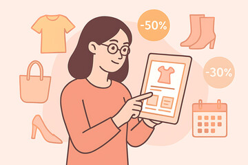 Woman browsing online clothing sales on a tablet, surrounded by fashion items and discounts