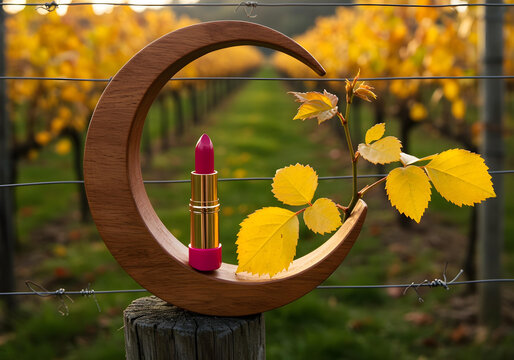 A glossy pink lipstick elegantly balanced on a polished wooden crescent arch, accented with a rose branch featuring vibrant yellow leaves, positioned in a rustic, sun-drenched vineyard during a warm a