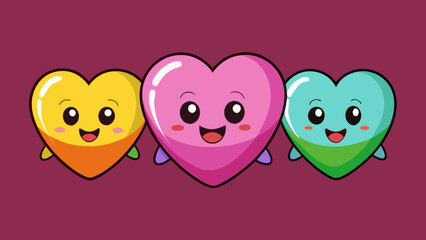 Obraz premium Cheerful smiley multicolor candy hearts character cartoon in pink background. 