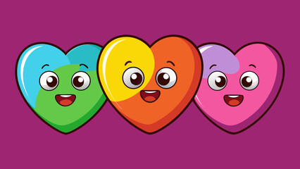 Fototapeta premium Cheerful smiley multicolor candy hearts character cartoon in pink background. 