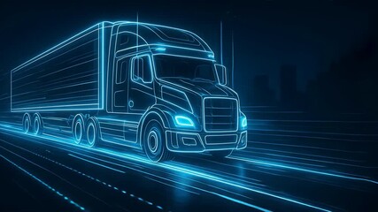 Futuristic truck with glowing blue neon lines and light trails on a glowing road, innovative transportation concept, freight and logistics, cargo shipping - Powered by Adobe