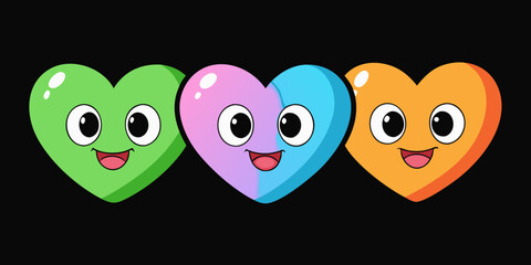 Obraz premium Cheerful smiley multicolor candy hearts character cartoon in black background. 