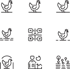 Fototapeta premium Chicken farm vector icon set outline style,editable stroke poultry,qr code,farm worker,crop field,agriculture,livestock,rooster,hen,farming icon set