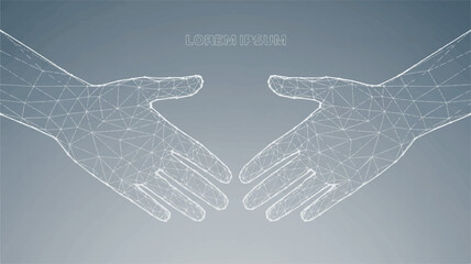 Two hands reaching for a handshake, depicted in a futuristic wireframe style, symbolizing digital connection and agreement.