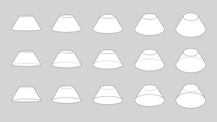 様々な角度から見たカットされた円錐のセット。図形のベクターイラスト