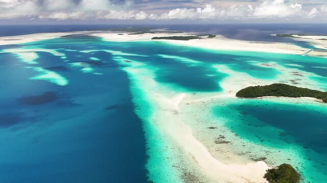 Scenic cinematic aerial drone shot gliding to reveal the electric-blue seas and untouched islands of Palau. Wide cinematic revealing drone shot.